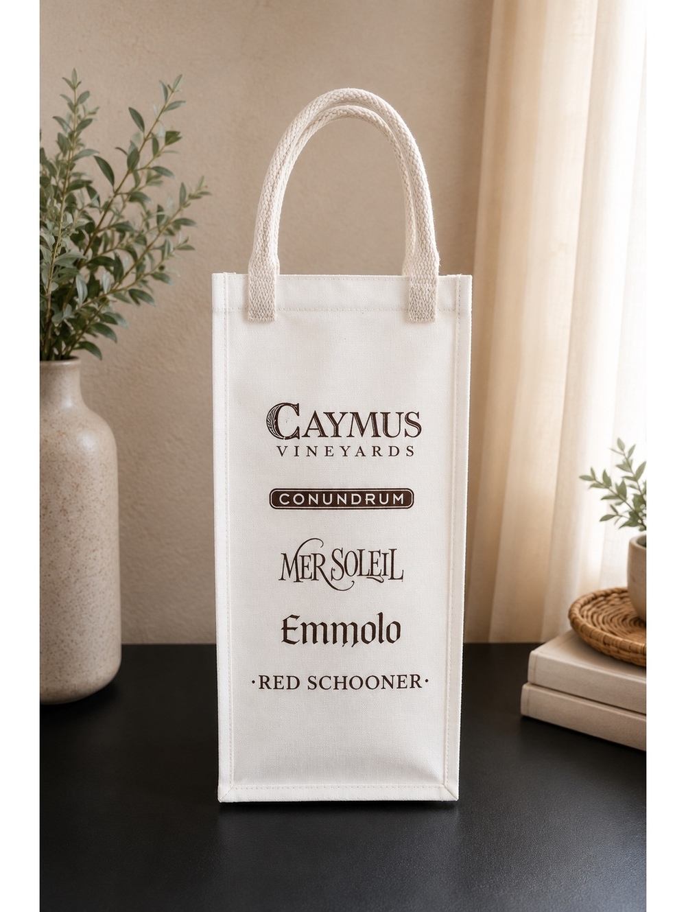 White Caymus Canvas Wine Tote Bag with Dividers and Handles